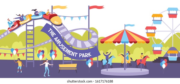 Roller coaster composition with flat outdoor scenery and images of people have fun taking amusement rides vector illustration