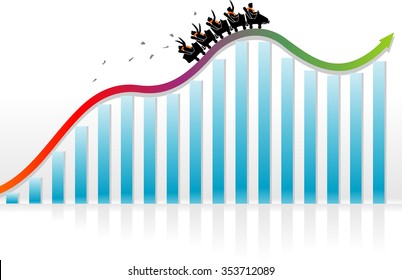 Roller Coaster Economy-Business or Finance conceptual illustration of a business team riding towards growth