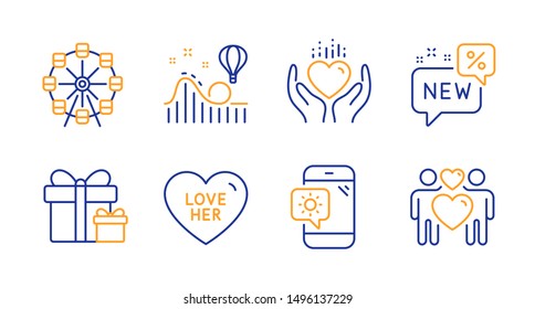 Roller coaster, Ferris wheel and Surprise package line icons set. Hold heart, Weather phone and Love her signs. New, Love couple symbols. Attraction park, Present boxes. Holidays set. Vector