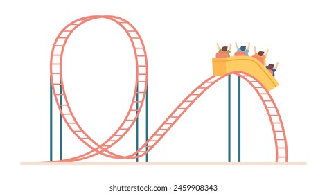 Montaña rusa en diseño plano. Atracción extrema en el parque de atracciones. Ilustración vectorial aislada.