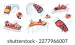 Roller coaster flat set of isolated icons with doodle style people riding festive cars on rails vector illustration