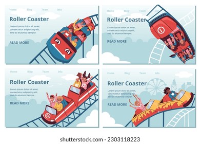 Roller coaster flat set with isolated landing pages clickable links text and people taking amusement rides vector illustration