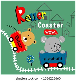 roller coaster and funny animal cartoon,vector illustration