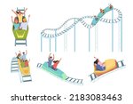 roller coaster. happy kids in amusement park riding on roller coaster fast russian mountains. Vector happy and scared people open mouth colored illustrations
