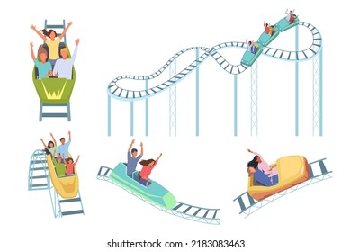 roller coaster. happy kids in amusement park riding on roller coaster fast russian mountains. Vector happy and scared people open mouth colored illustrations