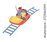 Roller coaster happy people. Rollercoaster. Friends riding in amusement park have fun positive emotion, park attractions. Young people having fun and enjoyment, cartoon vector illustration