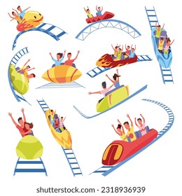 Roller coaster happy people. Rollercoaster. Friends riding in amusement park have fun positive emotion, park attractions. Young people having fun and enjoyment, cartoon vector illustration