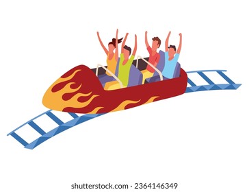 Roller coaster happy people. Rollercoaster. Friends riding in amusement park have fun positive emotion, park attractions. Young people having fun and enjoyment, cartoon vector illustration