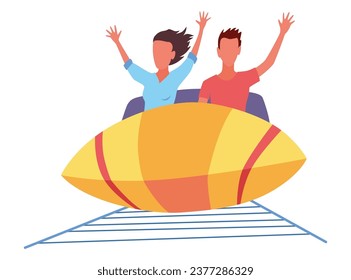 Roller coaster glückliche Menschen. Rollercoaster. Freunde, die im Vergnügungspark reiten, haben positive Gefühle, Parkattraktionen. Junge Leute, die Spaß und Spaß haben, Cartoon, Vektorgrafik