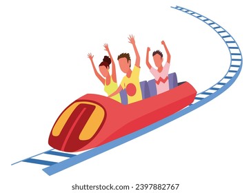 Roller coaster happy people. Rollercoaster. Friends riding in amusement park have fun positive emotion, park attractions. Young people having fun and enjoyment, cartoon vector illustration