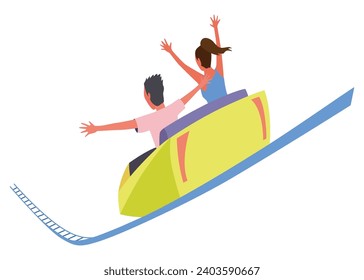 Roller coaster happy people. Rollercoaster. Friends riding in amusement park have fun positive emotion, park attractions. Young people having fun and enjoyment, cartoon vector illustration