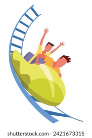 Roller coaster happy people. Rollercoaster. Friends riding in amusement park have fun positive emotion, park attractions. Young people having fun and enjoyment, cartoon vector illustration