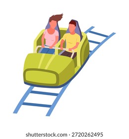 Roller coaster happy people. Rollercoaster. Friends riding in amusement park have fun positive emotion, park attractions. Young people having fun and enjoyment, cartoon vector illustration