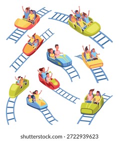 Roller coaster happy people. Rollercoaster. Friends riding in amusement park have fun positive emotion, park attractions. Young people having fun and enjoyment, cartoon vector illustration