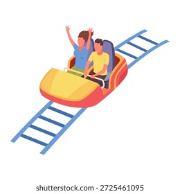 Montaña rusa, gente feliz. Montaña rusa. Los amigos que montan en el parque de atracciones tienen emoción positiva divertida, atracciones del parque. Jóvenes que se divierten y disfrutan, Ilustración vectorial de dibujos animados