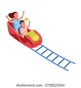 Achterbahn glückliche Leute. Achterbahn. Freunde reiten im Vergnügungspark haben Spaß positive Emotionen, Park Attraktionen. Junge Leute, die Spaß und Spaß haben, Cartoon, Vektorgrafik