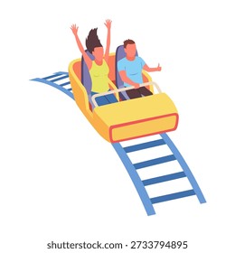 Roller coaster happy people. Rollercoaster. Friends riding in amusement park have fun positive emotion, park attractions. Young people having fun and enjoyment, cartoon vector illustration