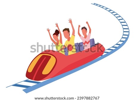 Roller coaster happy people. Rollercoaster. Friends riding in amusement park have fun positive emotion, park attractions. Young people having fun and enjoyment, cartoon vector illustration