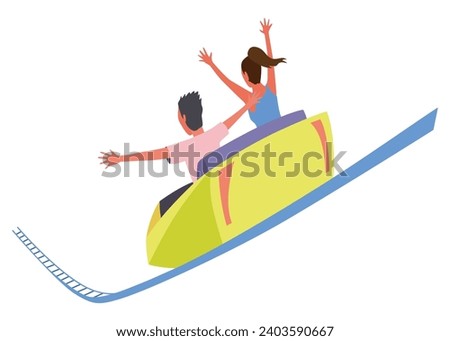 Roller coaster happy people. Rollercoaster. Friends riding in amusement park have fun positive emotion, park attractions. Young people having fun and enjoyment, cartoon vector illustration