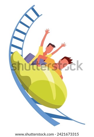 Roller coaster happy people. Rollercoaster. Friends riding in amusement park have fun positive emotion, park attractions. Young people having fun and enjoyment, cartoon vector illustration