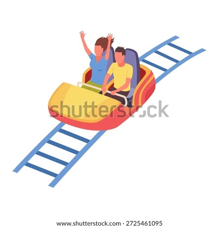Roller coaster happy people. Rollercoaster. Friends riding in amusement park have fun positive emotion, park attractions. Young people having fun and enjoyment, cartoon vector illustration
