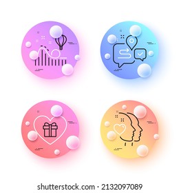 Roller coaster, Heart and Romantic gift minimal line icons. 3d spheres or balls buttons. Journey icons. For web, application, printing. Attraction park, Love head, Surprise with love. Vector