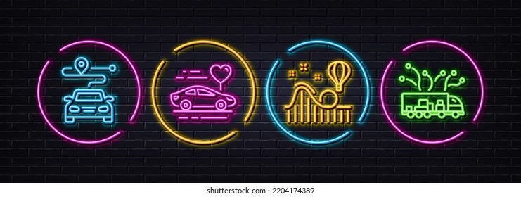 Roller coaster, Honeymoon travel and Journey minimal line icons. Neon laser 3d lights. Truck delivery icons. For web, application, printing. Attraction park, Car trip, Trip distance. Logistics. Vector
