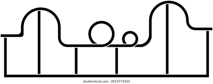 Roller coaster icon,inspired line border with curved hills, loops and support posts. Minimal amusement park vector ornament. Roller Coaster Track Silhouette Line Border Vector