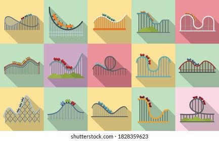 Roller coaster icons set. Flat set of roller coaster vector icons for web design