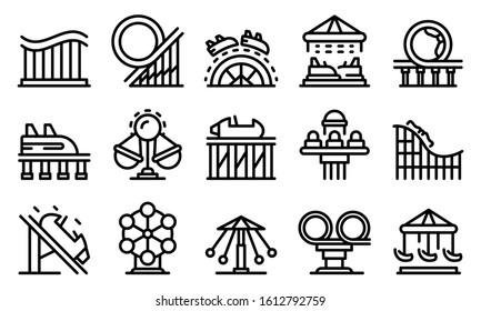 Conjunto de iconos de la montaña rusa. Conjunto de esquemas de iconos vectoriales de la montaña rusa para el diseño web aislado en fondo blanco