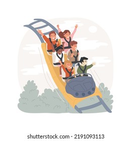 Roller coaster isolated cartoon vector illustration. Kids on colorful roller coaster, amusement park ride, family having fun, attraction, children screaming, high speed riding vector cartoon.