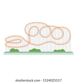 Roller coaster isolated on white background - flat cartoon orange rollercoaster ride with loop rail track standing on green summer park, vector illustration