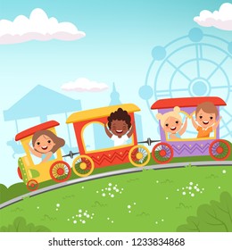 Roller coaster kids. Attraction children riding in amusement park vector cartoon action background