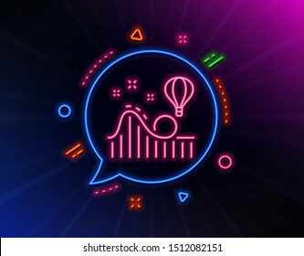 Roller coaster line icon. Neon laser lights. Amusement park sign. Carousels symbol. Glow laser speech bubble. Neon lights chat bubble. Banner badge with roller coaster icon. Vector