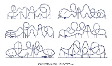 Bucle de montaña rusa en parque de atracciones. Siluetas de montaña rusa de paseo de carnaval de Vector, Pistas de ferrocarril con trenes y coches vacíos. Funfair, parque temático de atracciones y bucles de montaña rusa de carnaval