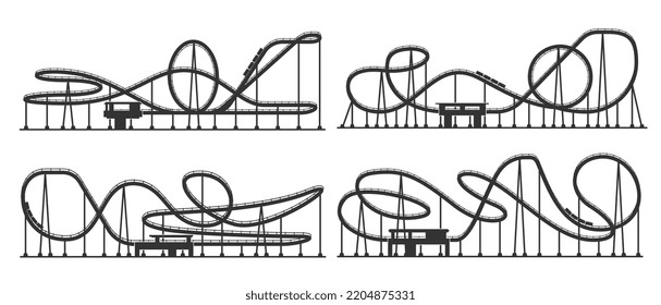 Lote de montaña rusa, silueta de montaña rusa de paseo en parque de atracciones, silueta vectorial aislada. Sombra del ciclo de montaña rusa en el parque temático o en los paseos en el carnaval, tren de montaña rusa en pista