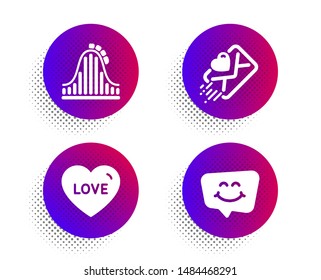 Roller coaster, Love and Love letter icons simple set. Halftone dots button. Smile chat sign. Attraction park, Sweetheart, Heart. Happy face. Holidays set. Classic flat roller coaster icon. Vector