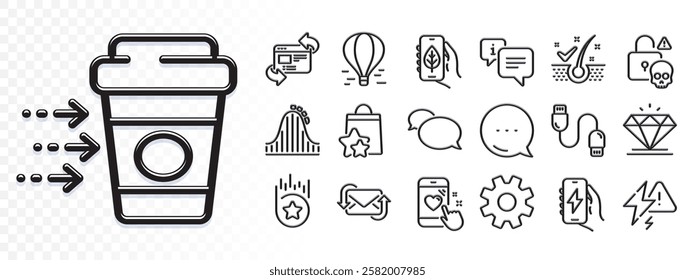 Roller coaster, Loyalty points and Cyber attack line icons for web app. Glare of light effect. Message icon. Pack of Diamond, Messenger, Ecology app pictogram icons. Vector