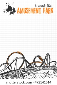 Roller Coaster on Checkered Background/Vector illustration with hand drawn roller coaster. Blank for your design, children's entertainment