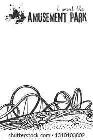 Roller Coaster on a White Background. Black and white image. Vector illustration with hand drawn roller coaster. Blank for your design, children's entertainment