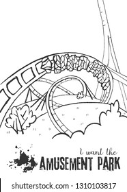 Roller Coaster on a White Background. People ride in the amusement park. Outlines of bushes and hills, a place for text. Black and white sketch. Vector illustration with hand drawn roller coaster. 