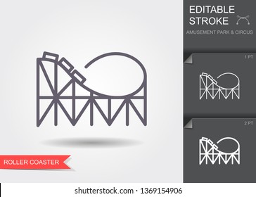 Roller coaster. Outline icon with editable stroke. Linear symbol with shadow