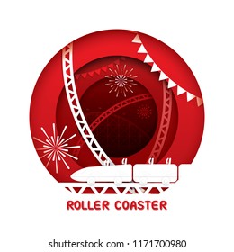 Roller coaster with paper cut style. Vector illustration of carnival funfair theme