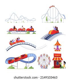 Roller coaster park. Amusement adventure characters have fun in roller coaster activity riding garish vector cartoon set