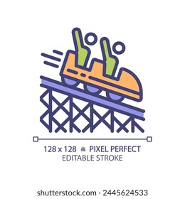 Roller coaster pixel perfect RGB color icon. Fairground park, ride amusement. Adrenaline vacation, tourism entertainment. Isolated vector illustration. Simple filled line drawing. Editable stroke