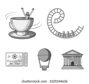 Roller coaster ride, balloon with basket, caruelle cup, ticket to the entrance to the park. Amusement park set collection icons in monochrome style vector symbol stock illustration web.