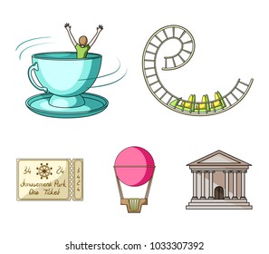 Roller coaster ride, balloon with basket, caruelle cup, ticket to the entrance to the park. Amusement park set collection icons in cartoon style vector symbol stock illustration web.