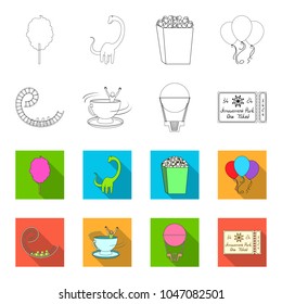 Roller coaster ride, balloon with basket, caruelle cup, ticket to the entrance to the park. Amusement park set collection icons in outline,flet style vector symbol stock illustration web.