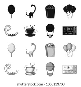 Roller coaster ride, balloon with basket, caruelle cup, ticket to the entrance to the park. Amusement park set collection icons in black,monochrome style vector symbol stock illustration web.