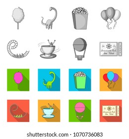 Roller coaster ride, balloon with basket, caruelle cup, ticket to the entrance to the park. Amusement park set collection icons in monochrome,flat style vector symbol stock illustration web.